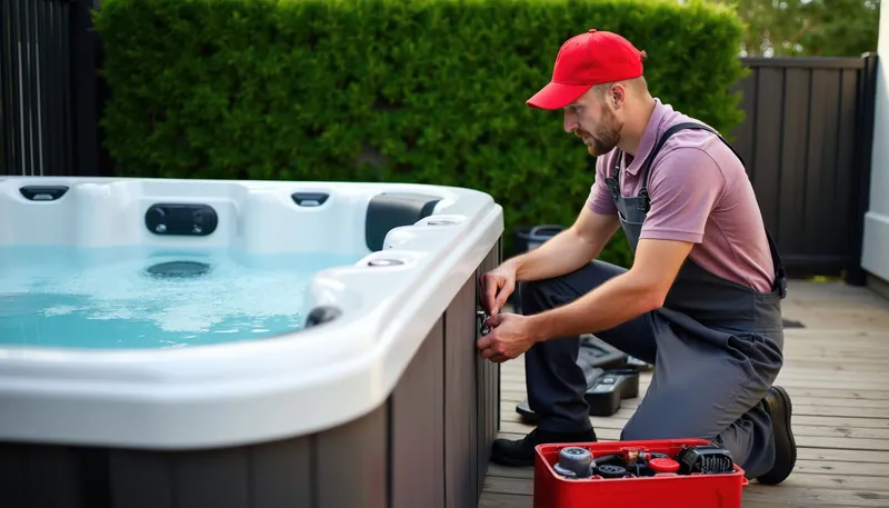 Technician removing a hot tub side panel to access internal components.