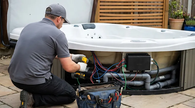 Technician repairing a hot tub wiring harness inside the open equipment cabinet.